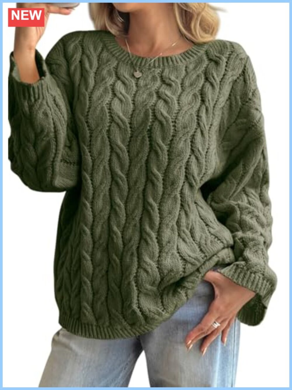 Oversized Cable Knit Sweater Long Sleeve Chunky Pullover Loose Fit Crewneck